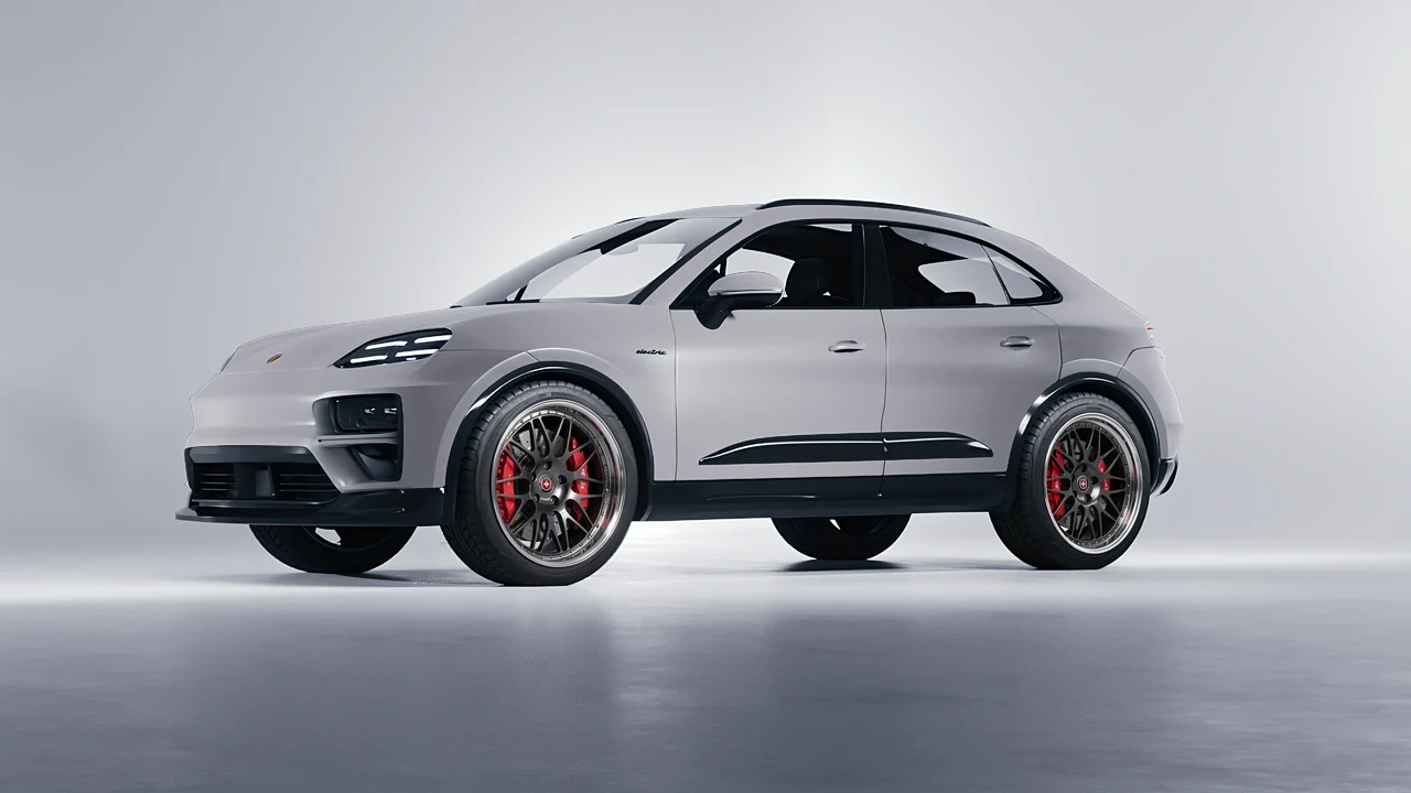 Porsche Macan Turbo Electric 2024 on HRE Performance Wheels 540 forged wheels, front three-quarter view