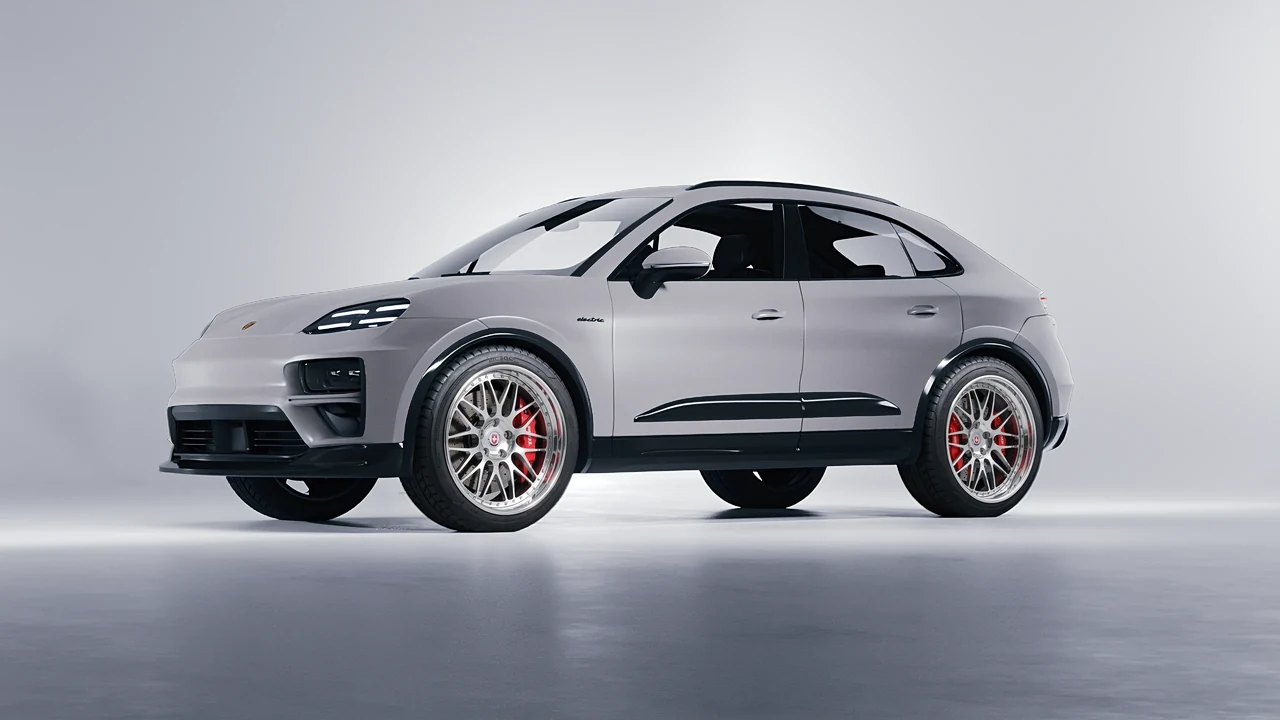 Porsche Macan Turbo Electric 2024 on HRE Performance Wheels 540C forged wheels, front three-quarter view