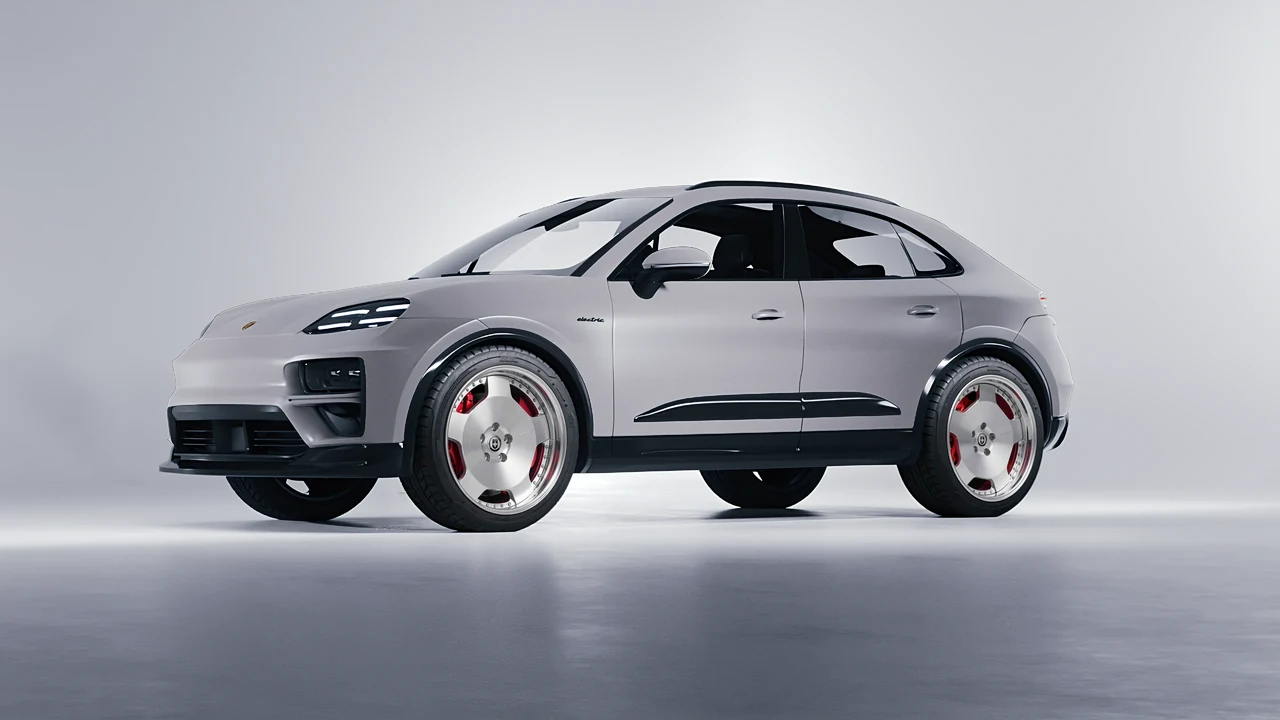 Porsche Macan Turbo Electric 2024 on HRE Performance Wheels 544 forged wheels, front three-quarter view