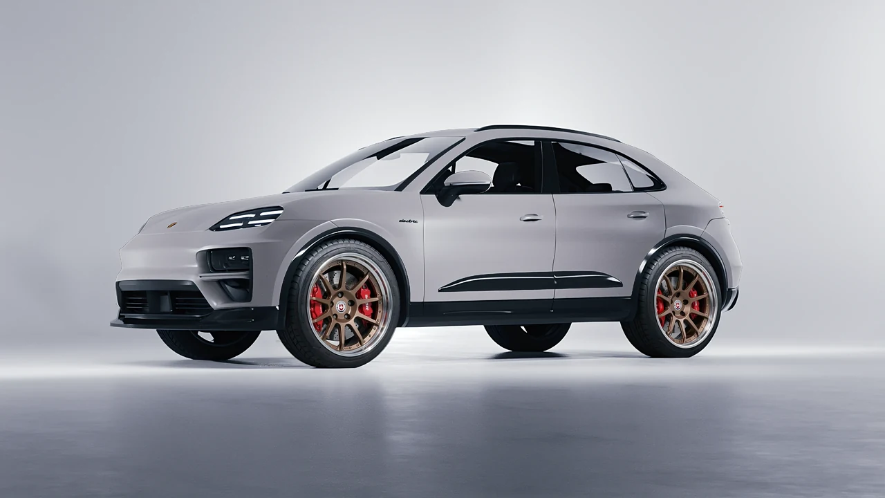 Porsche Macan Turbo Electric 2024 on HRE Performance Wheels C103 forged wheels, front three-quarter view