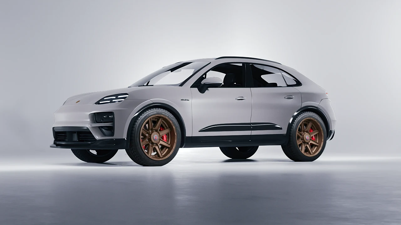 Porsche Macan Turbo Electric 2024 on HRE Performance Wheels HD188 forged wheels, front three-quarter view