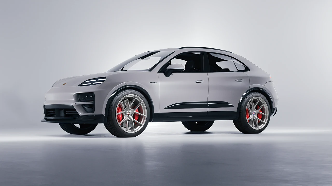 Porsche Macan Turbo Electric 2024 on HRE Performance Wheels P101SC forged wheels, front three-quarter view