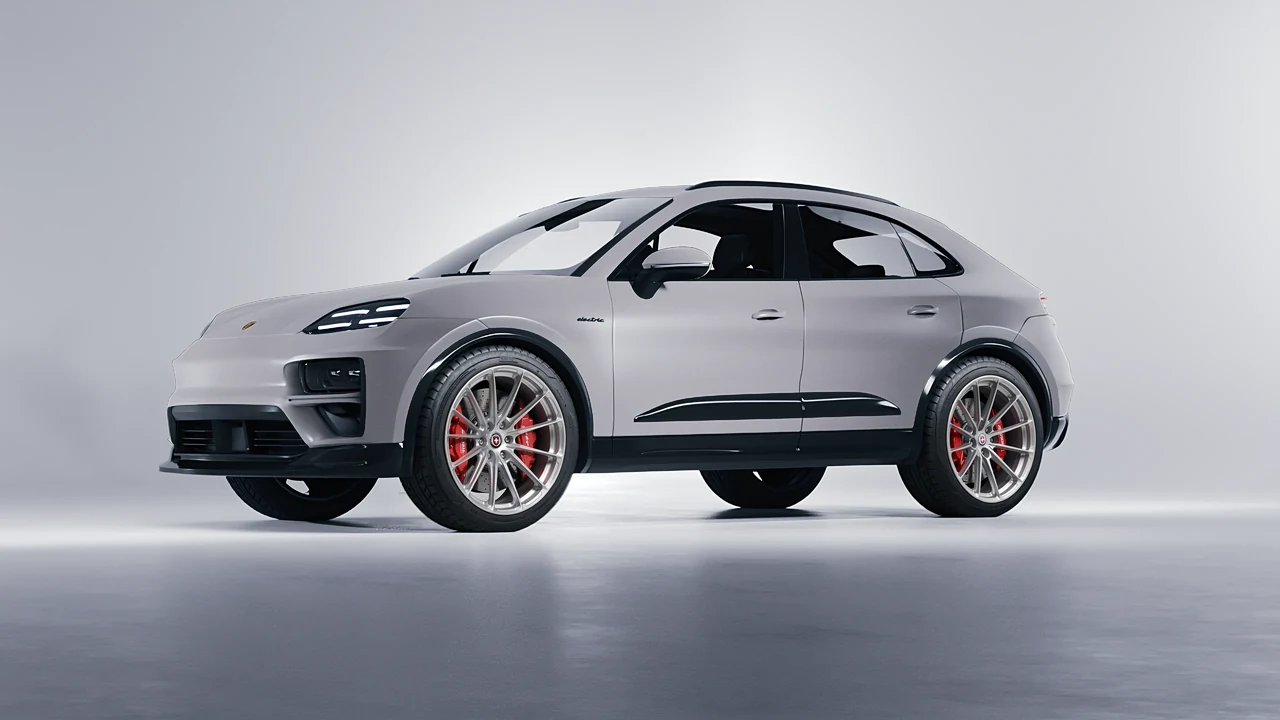 Porsche Macan Turbo Electric 2024 on HRE Performance Wheels P103SC forged wheels, front three-quarter view