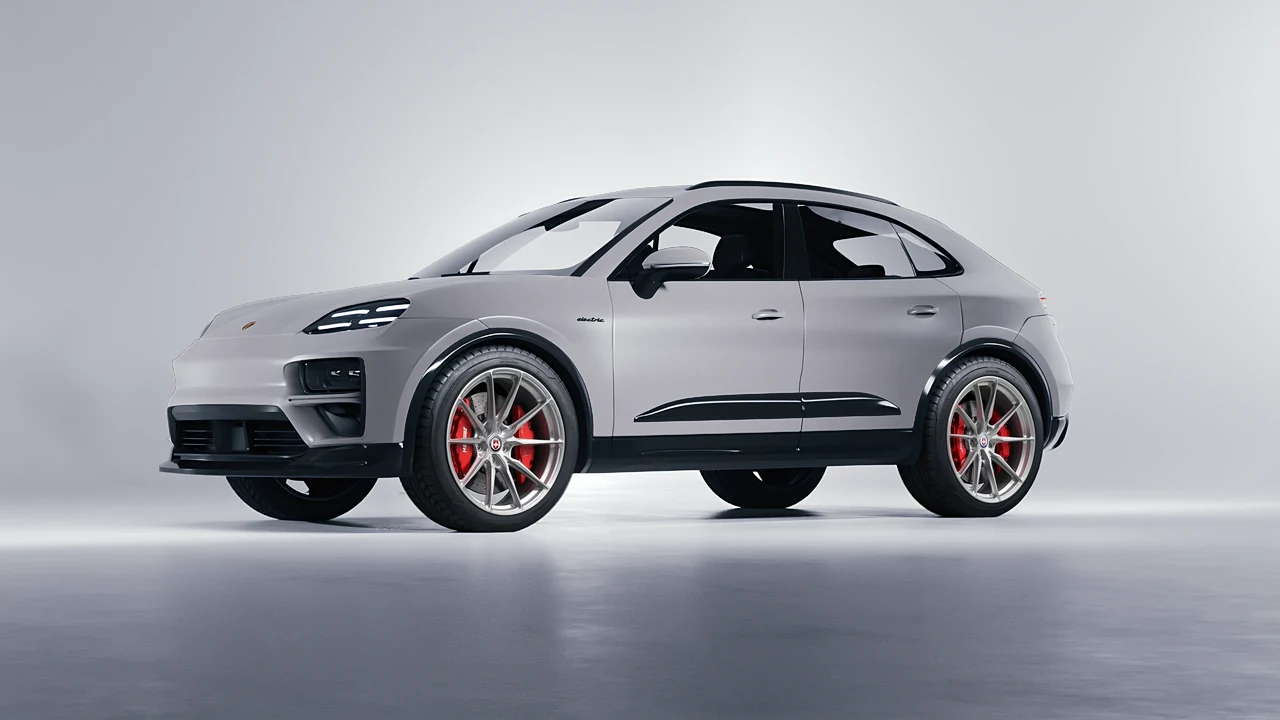 Porsche Macan Turbo Electric 2024 on HRE Performance Wheels P104SC forged wheels, front three-quarter view
