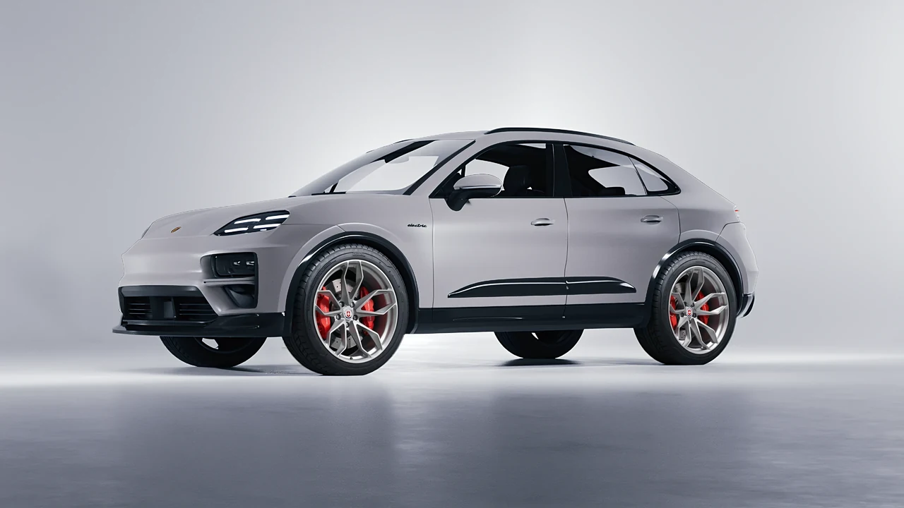 Porsche Macan Turbo Electric 2024 on HRE Performance Wheels P201 forged wheels, front three-quarter view