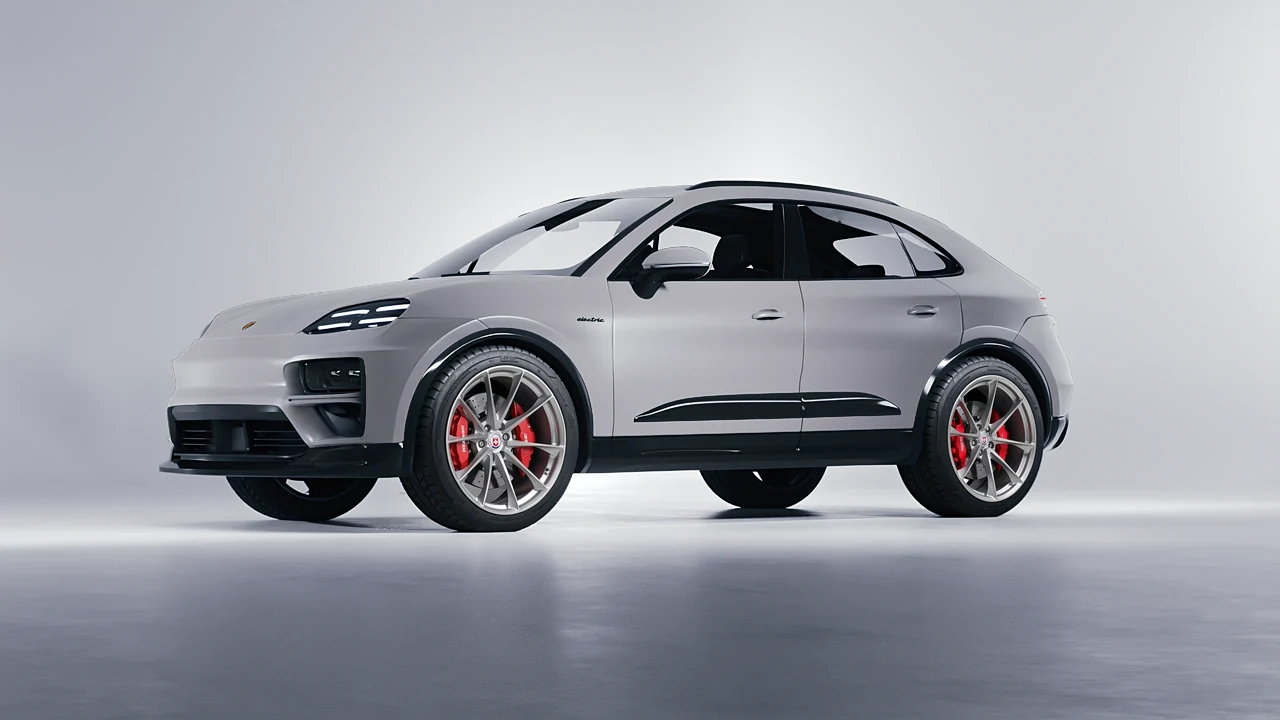 Porsche Macan Turbo Electric 2024 on HRE Performance Wheels P204 forged wheels, front three-quarter view