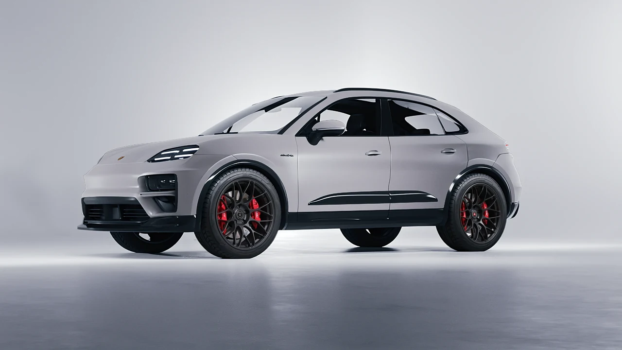 Porsche Macan Turbo Electric 2024 on HRE Performance Wheels RC100 forged wheels, front three-quarter view