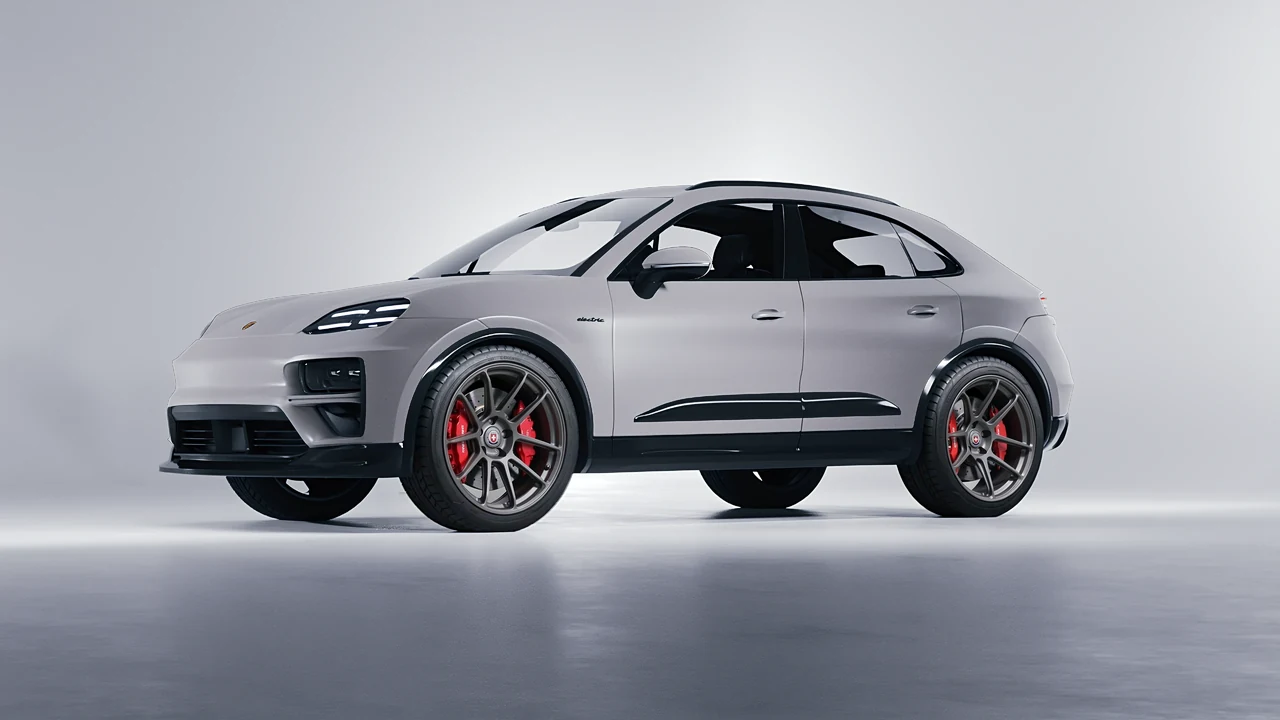 Porsche Macan Turbo Electric 2024 on HRE Performance Wheels RC104 forged wheels, front three-quarter view