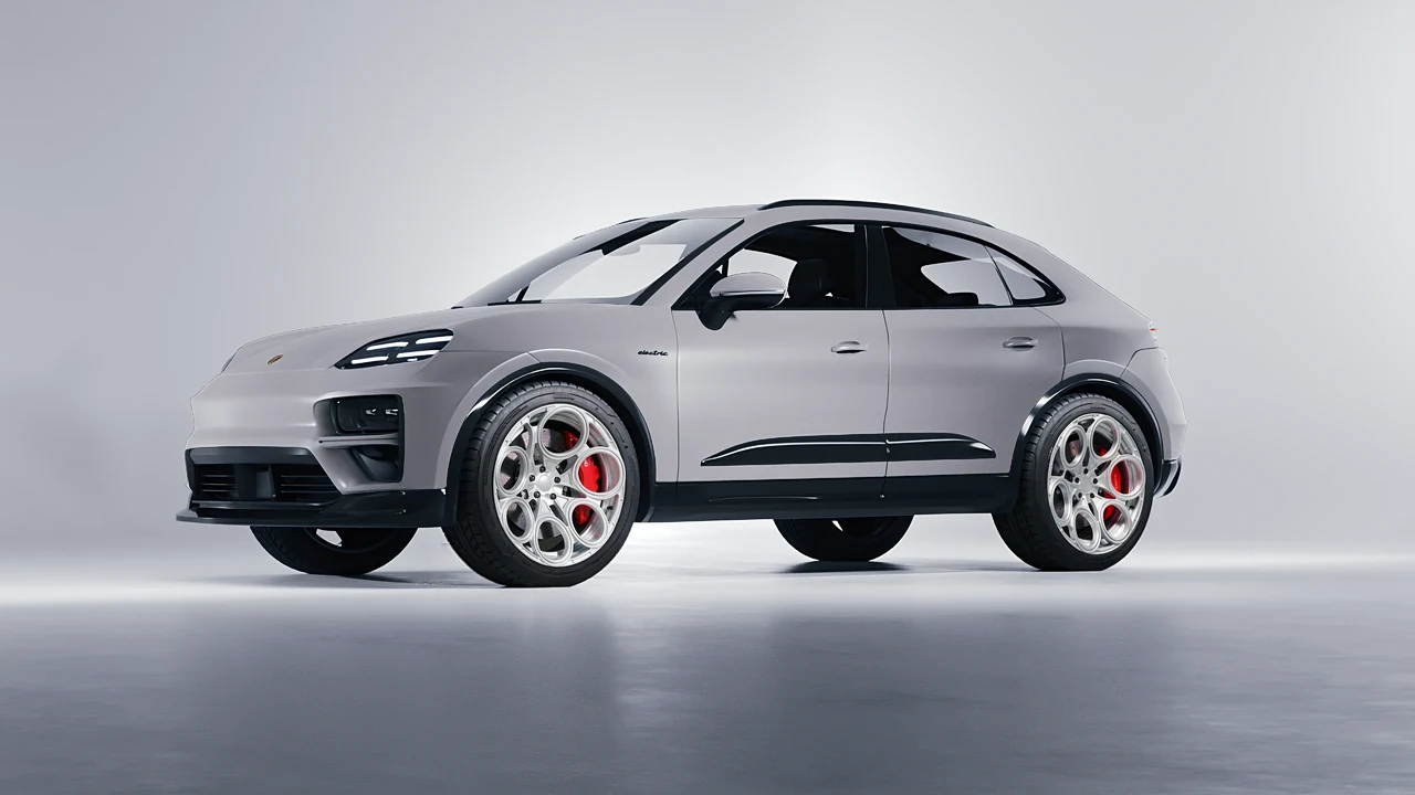 Porsche Macan Turbo Electric 2024 on RDB LA Revolver forged wheels, front three-quarter view