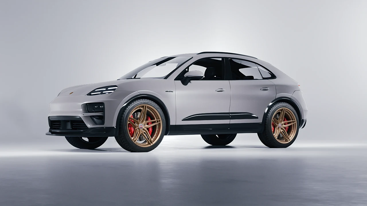 Porsche Macan Turbo Electric 2024 on HRE Performance Wheels S107SC forged wheels, front three-quarter view