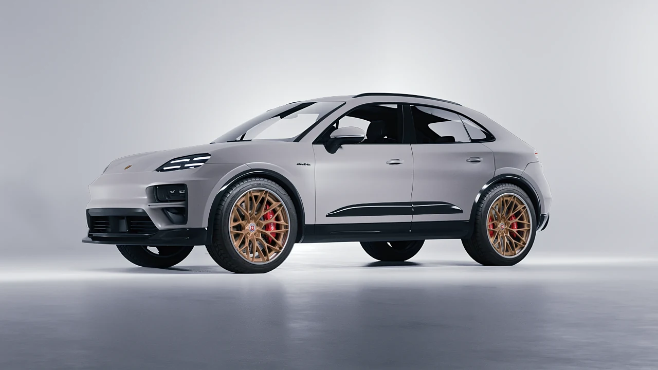 Porsche Macan Turbo Electric 2024 on HRE Performance Wheels S200H forged wheels, front three-quarter view