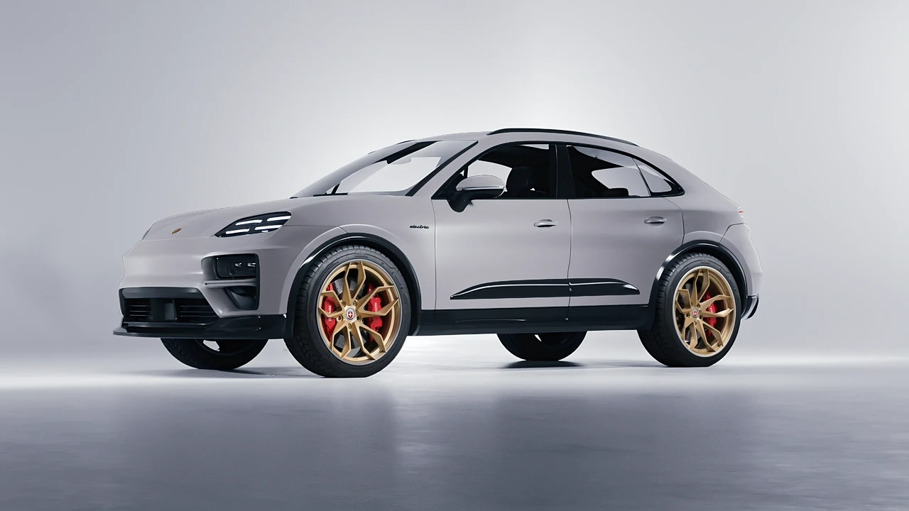 Porsche Macan Turbo Electric 2024 on HRE Performance Wheels S201H forged wheels, front three-quarter view