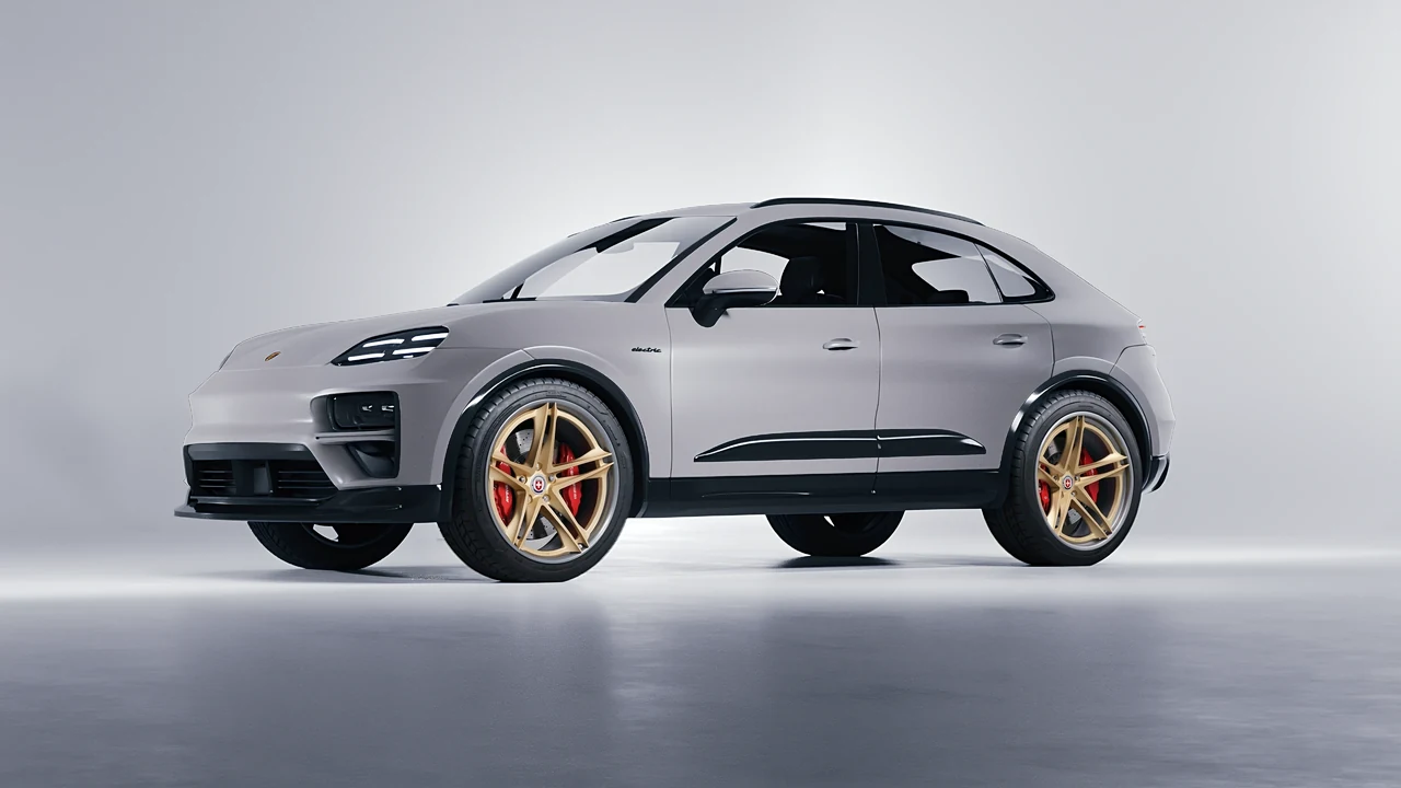 Porsche Macan Turbo Electric 2024 on HRE Performance Wheels S207H forged wheels, front three-quarter view