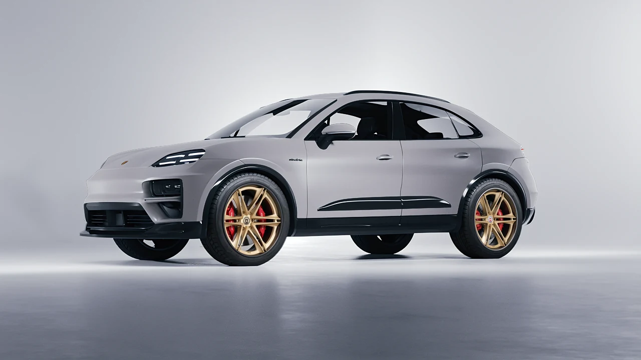 Porsche Macan Turbo Electric 2024 on HRE Performance Wheels S267H forged wheels, front three-quarter view