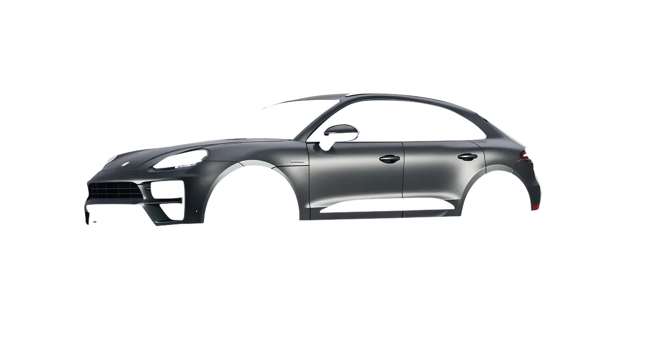 Porsche Macan Turbo Electric 2024 wrapped in Black Rock Grey (Avery Dennison SW900-823-M), front three-quarter view
