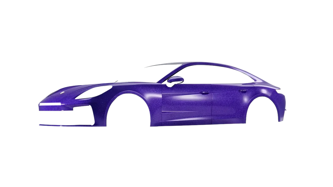 Porsche Panamera 2024 wrapped in Purple (Avery Dennison SW900-587-D), front three-quarter view