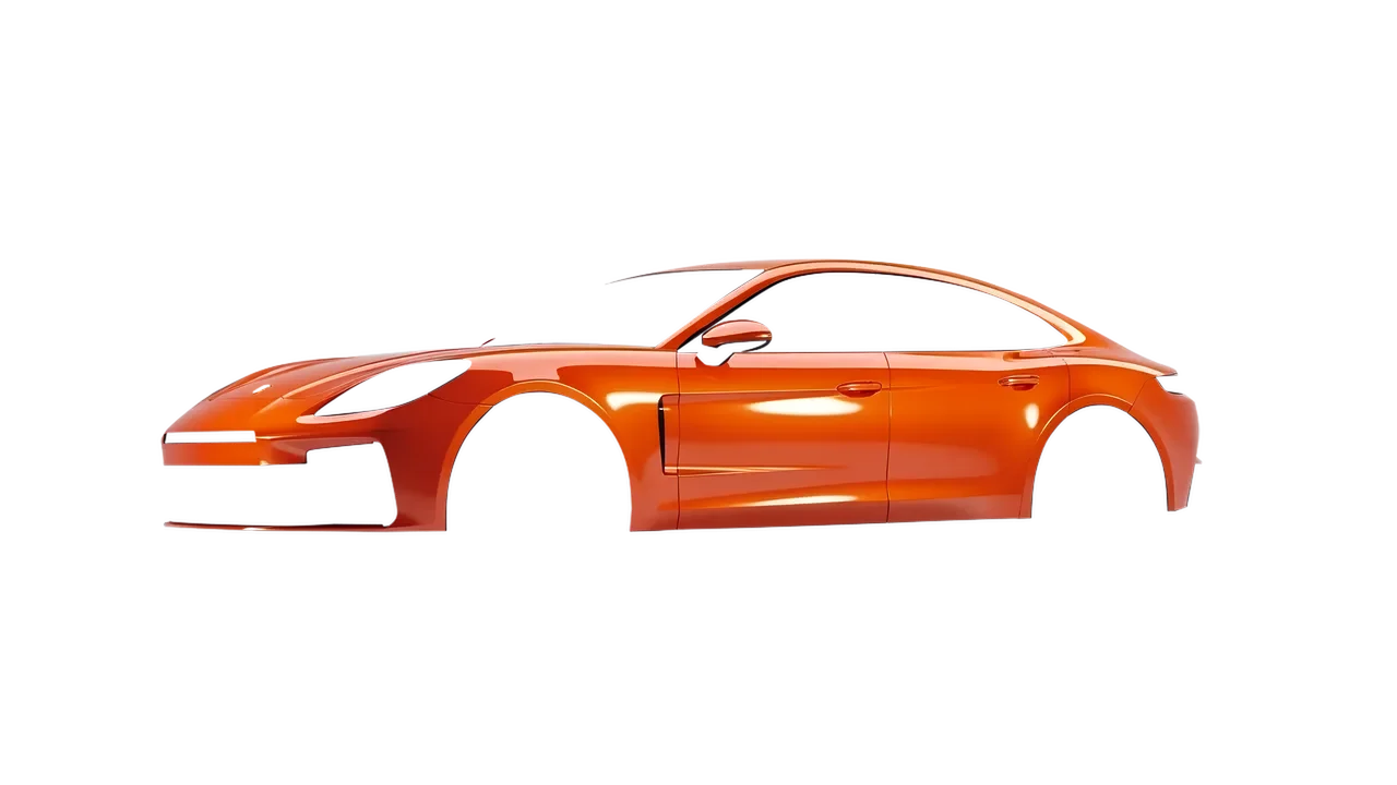 Porsche Panamera 2024 wrapped in Fiery Orange (3M G364), front three-quarter view