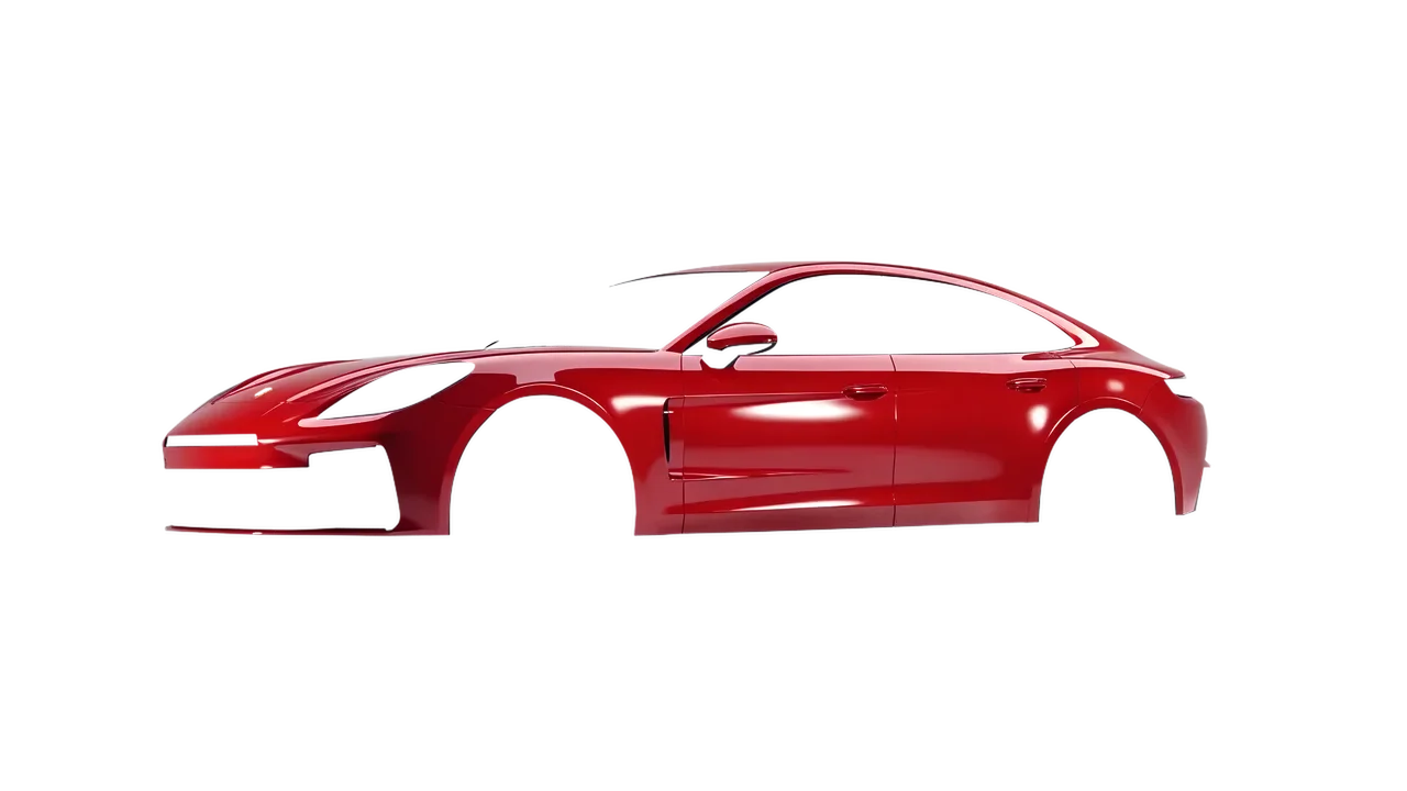 Porsche Panamera 2024 wrapped in Hot Rod Red (3M G13), front three-quarter view