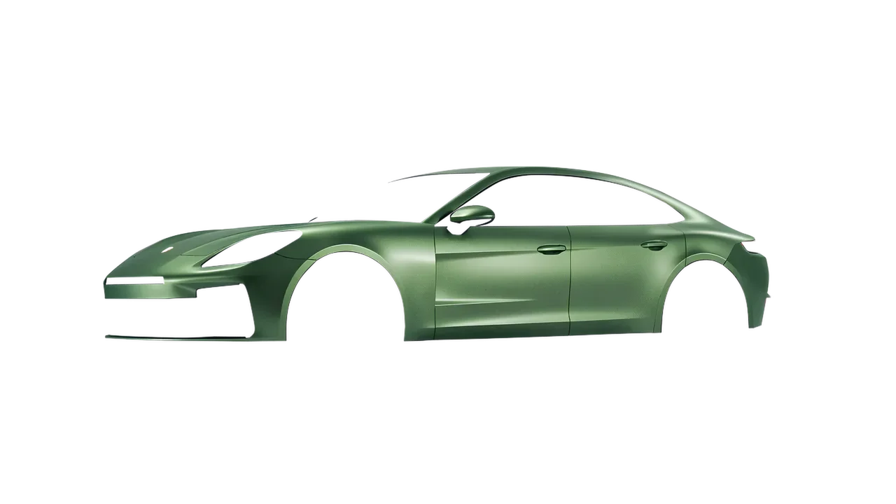 Porsche Panamera 2024 wrapped in Apple Green (Avery Dennison SW900-745-M), front three-quarter view