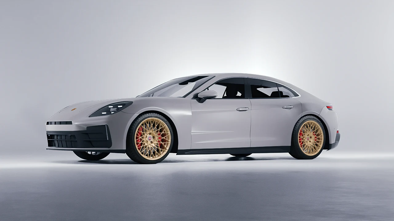 Porsche Panamera 2024 on HRE Performance Wheels 501M forged wheels, front three-quarter view