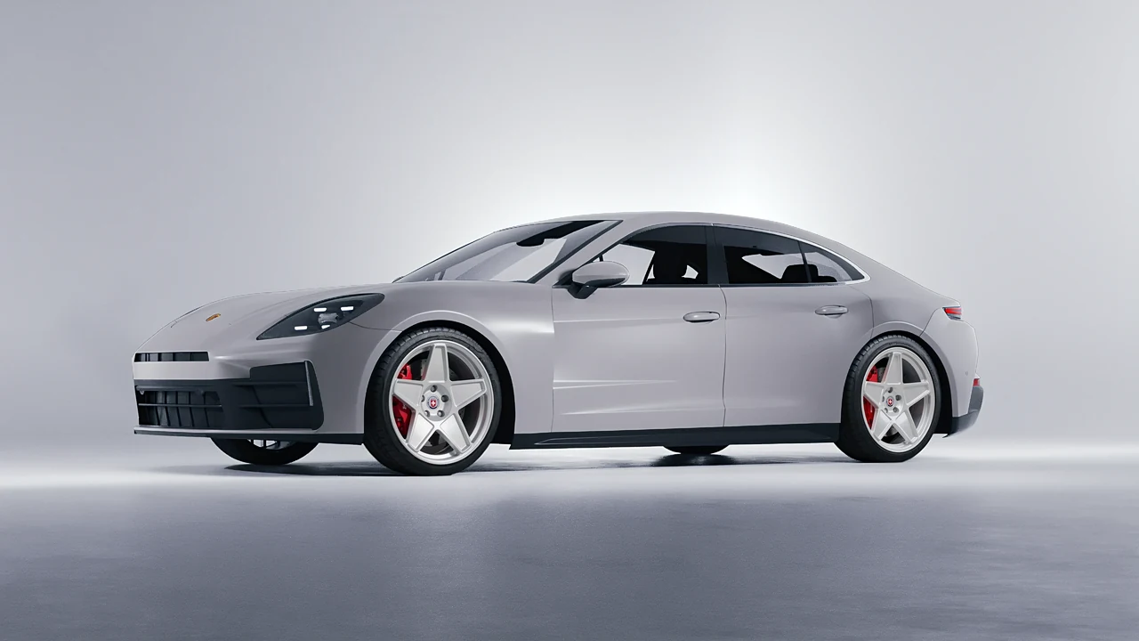 Porsche Panamera 2024 on HRE Performance Wheels 505M forged wheels, front three-quarter view