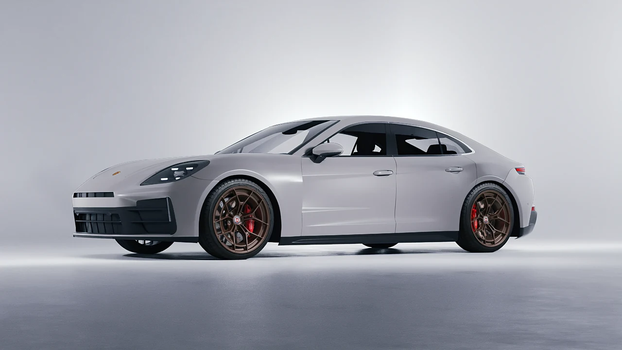 Porsche Panamera 2024 on HRE Performance Wheels P301 forged wheels, front three-quarter view