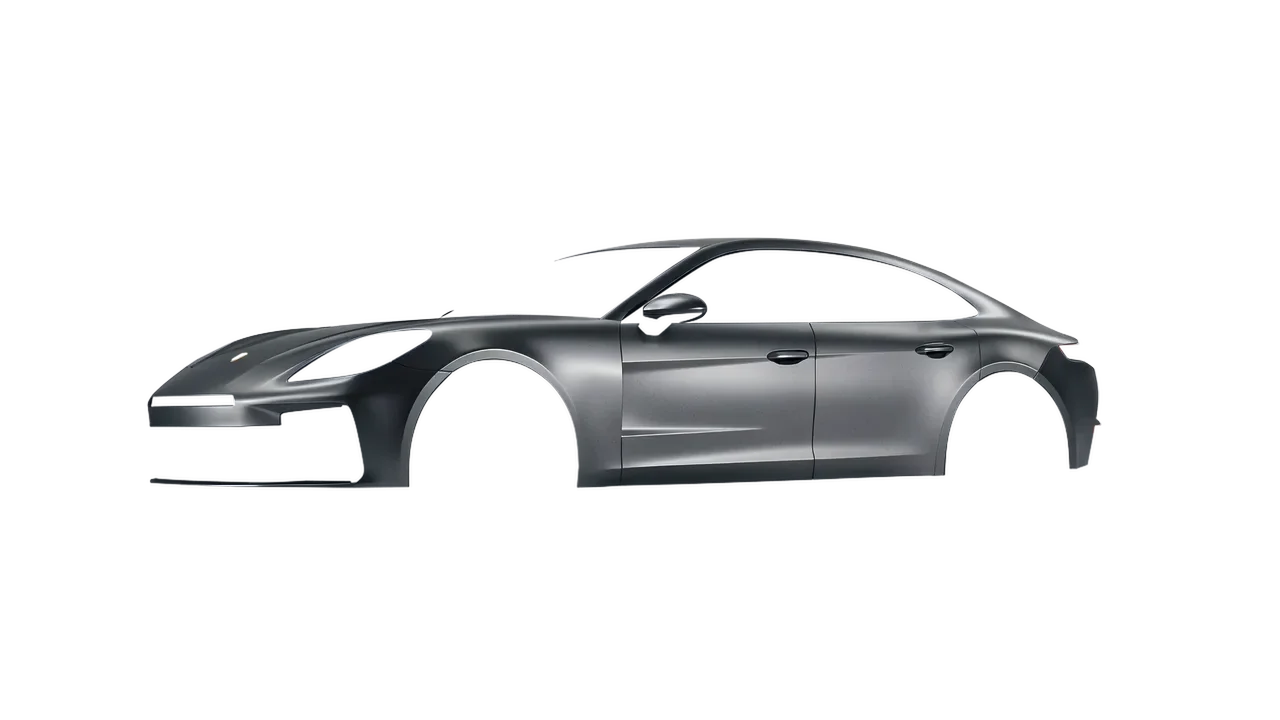 Porsche Panamera 2024 wrapped in Black Rock Grey (Avery Dennison SW900-823-M), front three-quarter view