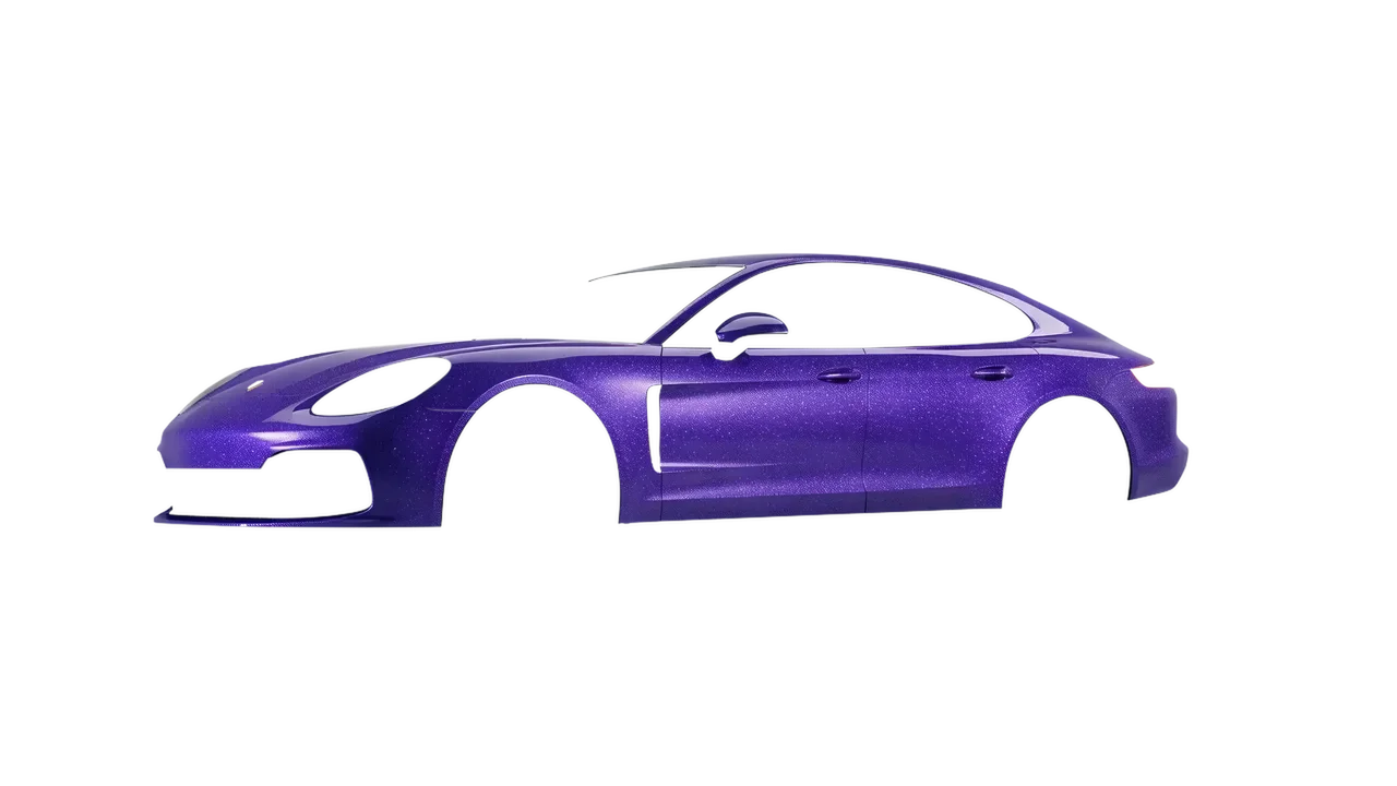 Porsche Panamera GTS 2024 wrapped in Purple (Avery Dennison SW900-587-D), front three-quarter view