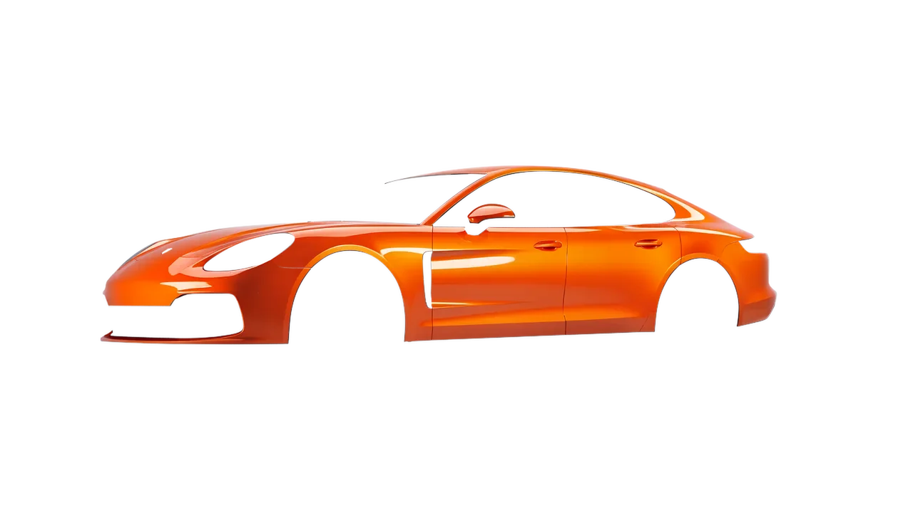 Porsche Panamera GTS 2024 wrapped in Fiery Orange (3M G364), front three-quarter view
