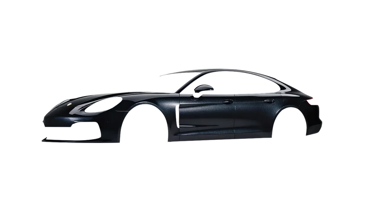 Porsche Panamera GTS 2024 wrapped in Mystery Black (Avery Dennison SW900-184-M), front three-quarter view