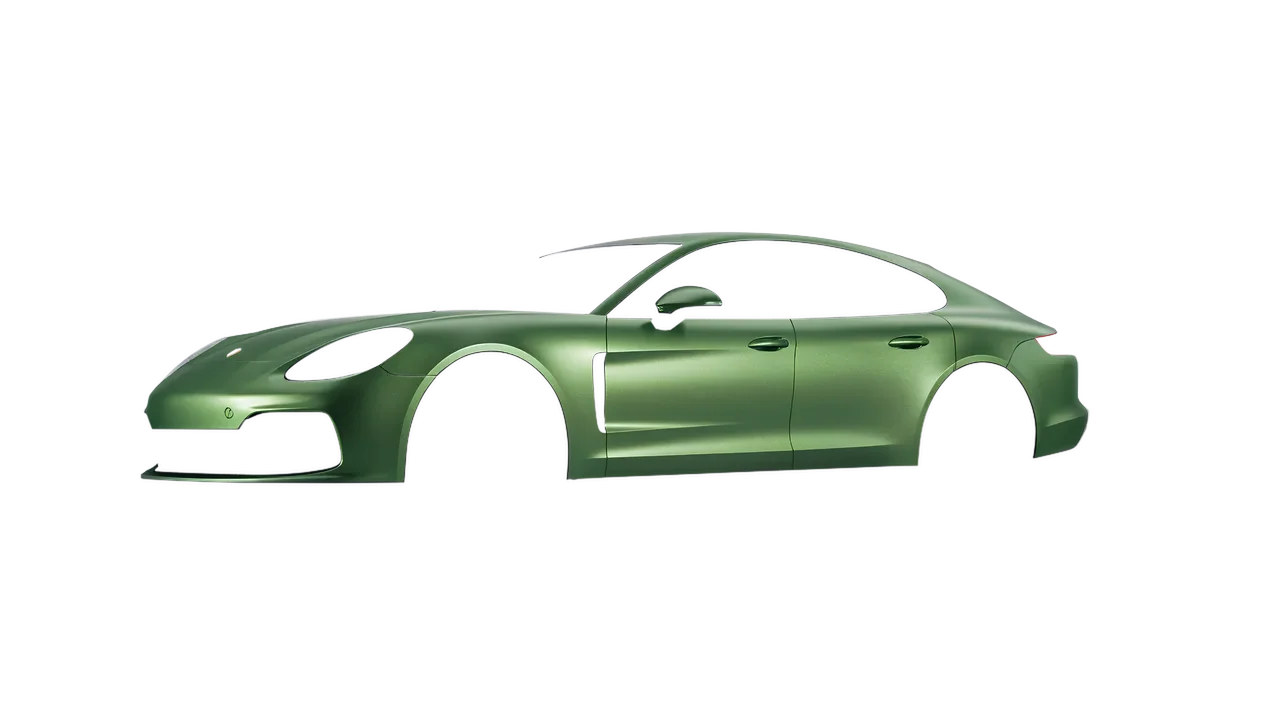 Porsche Panamera GTS 2024 wrapped in Apple Green (Avery Dennison SW900-745-M), front three-quarter view