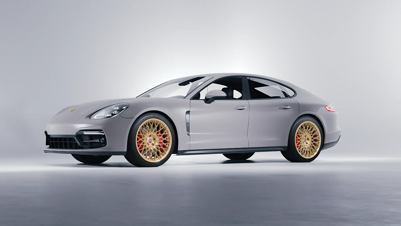 Porsche Panamera GTS 2024 on HRE Performance Wheels 501M forged wheels, front three-quarter view