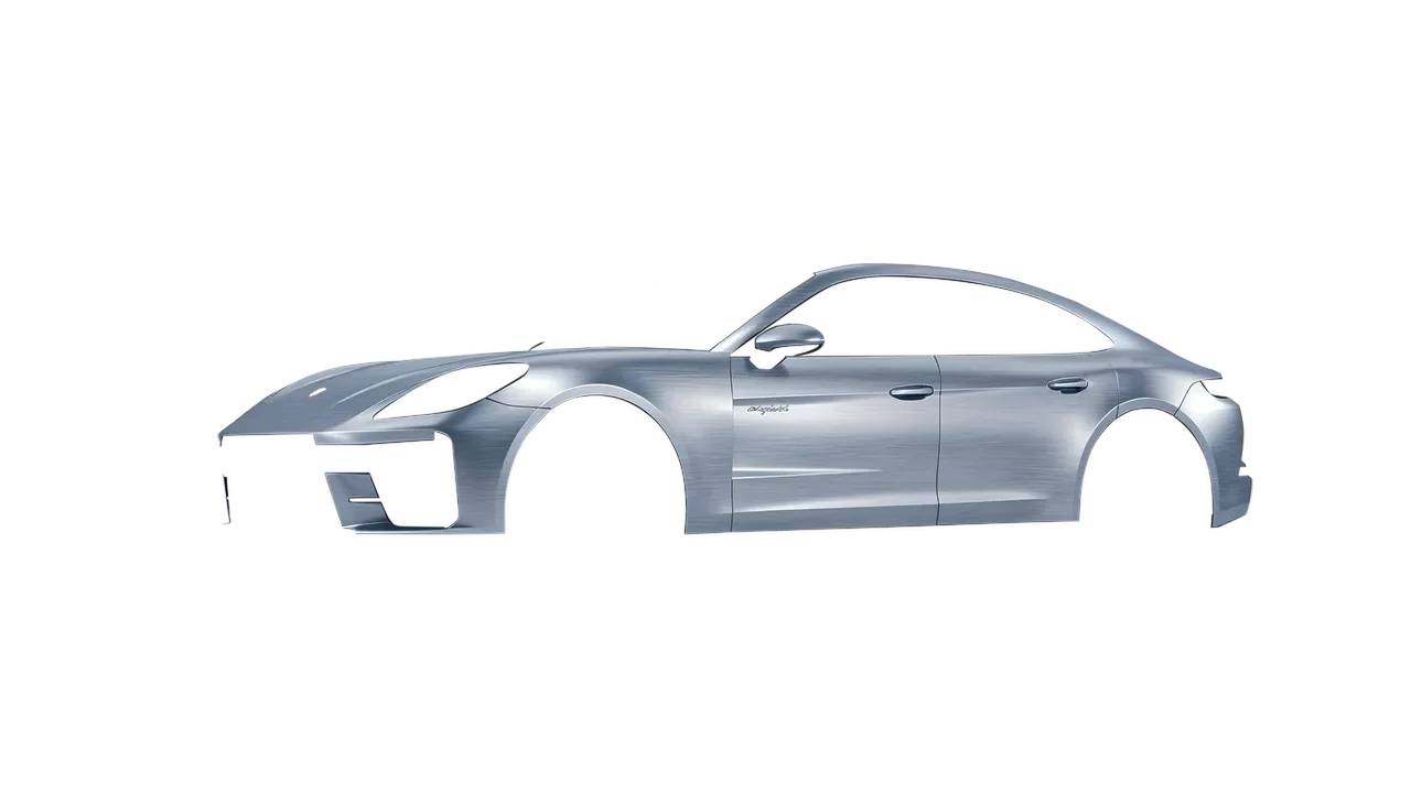 Porsche Panamera Turbo 2024 wrapped in Brushed Aluminum (Avery Dennison SW900-812-X), front three-quarter view