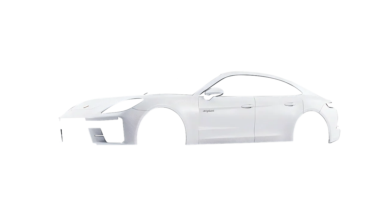 Porsche Panamera Turbo 2024 wrapped in Carbon Fiber White (Avery Dennison SW900-115-X), front three-quarter view