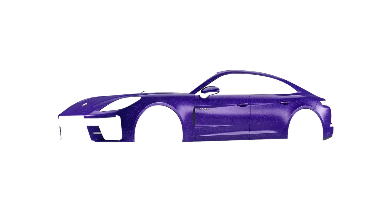 Porsche Panamera Turbo 2024 wrapped in Purple (Avery Dennison SW900-587-D), front three-quarter view