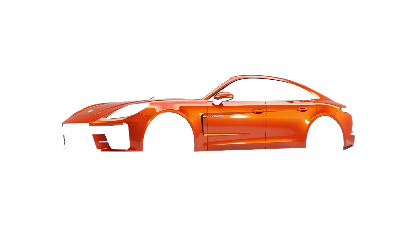 Porsche Panamera Turbo 2024 wrapped in Fiery Orange (3M G364), front three-quarter view