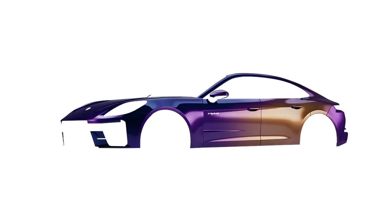 Porsche Panamera Turbo 2024 wrapped in Gloss Flip Deep Space (3M GP278), front three-quarter view