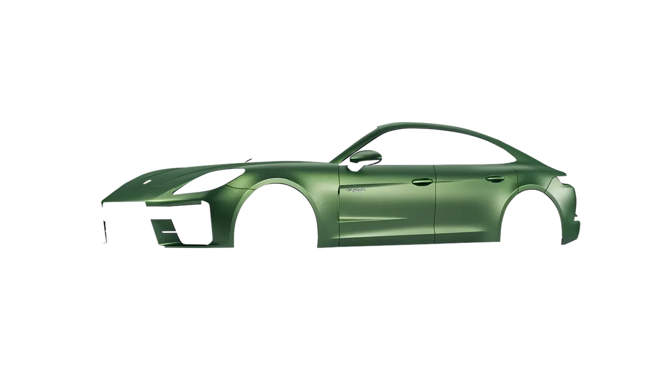 Porsche Panamera Turbo 2024 wrapped in Apple Green (Avery Dennison SW900-745-M), front three-quarter view