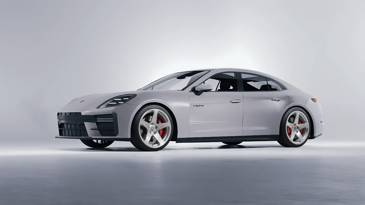 Porsche Panamera Turbo 2024 on HRE Performance Wheels 305M forged wheels, front three-quarter view