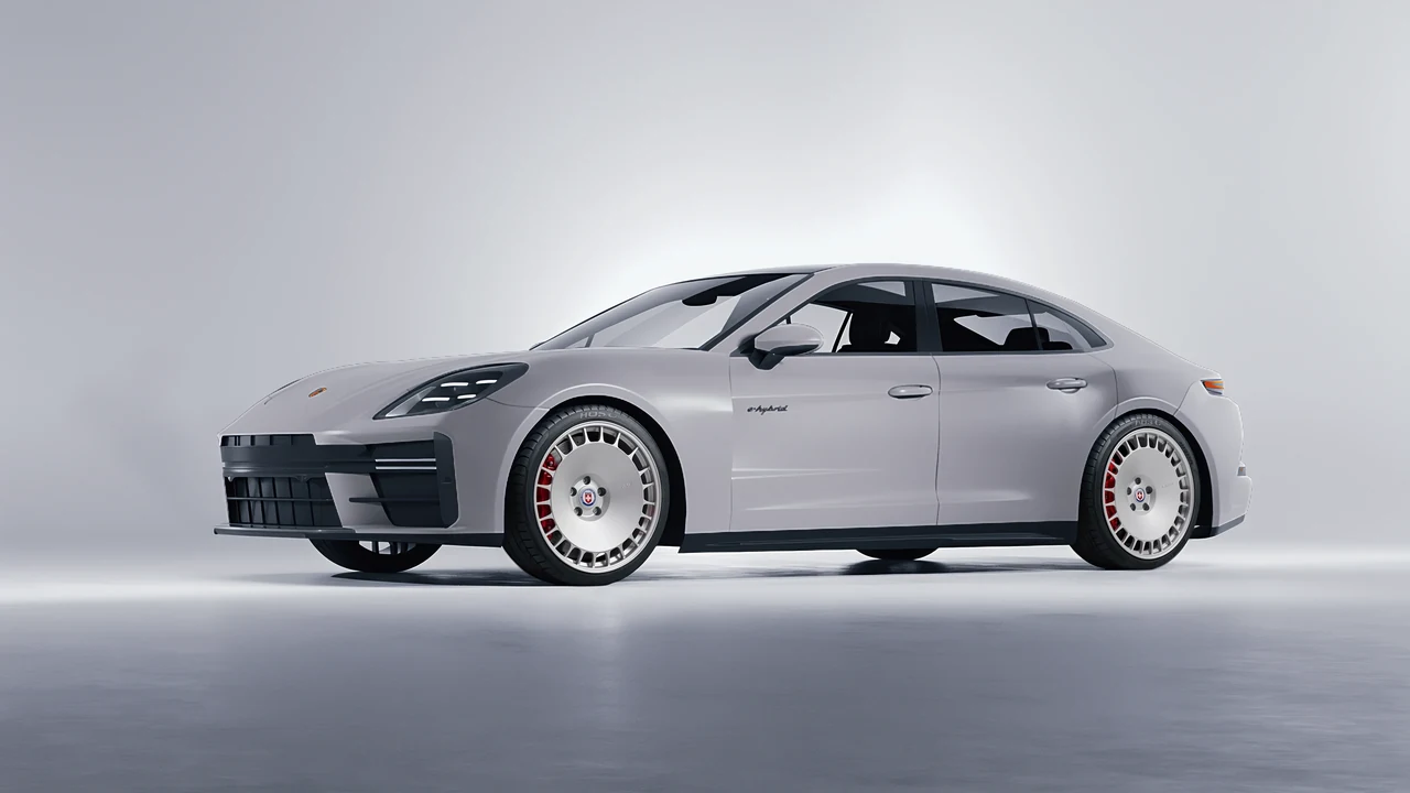 Porsche Panamera Turbo 2024 on HRE Performance Wheels 935M forged wheels, front three-quarter view