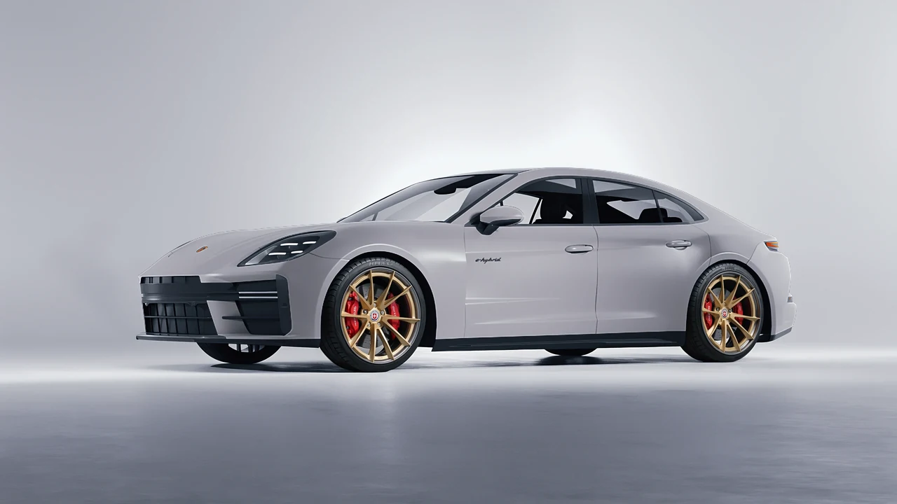 Porsche Panamera Turbo 2024 on HRE Performance Wheels S204H forged wheels, front three-quarter view