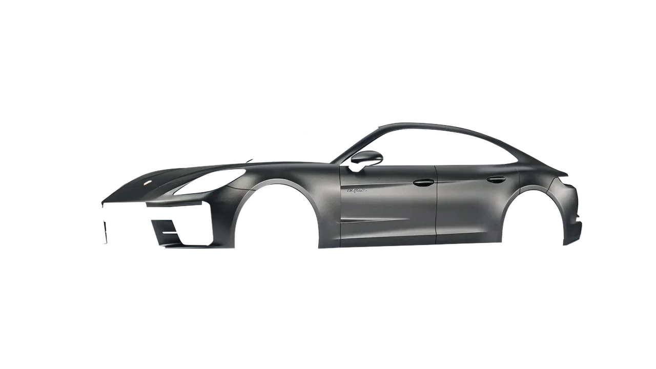 Porsche Panamera Turbo 2024 wrapped in Black Rock Grey (Avery Dennison SW900-823-M), front three-quarter view