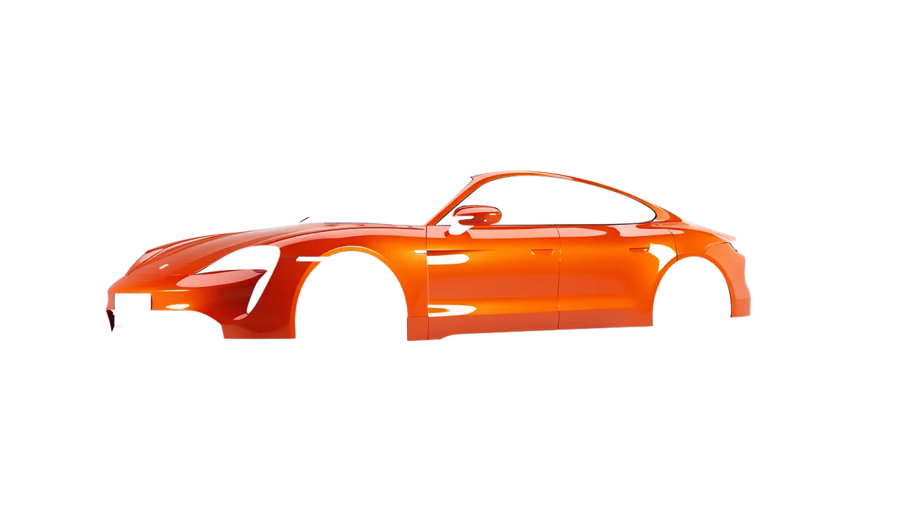 Porsche Taycan 2020 wrapped in Fiery Orange (3M G364), front three-quarter view