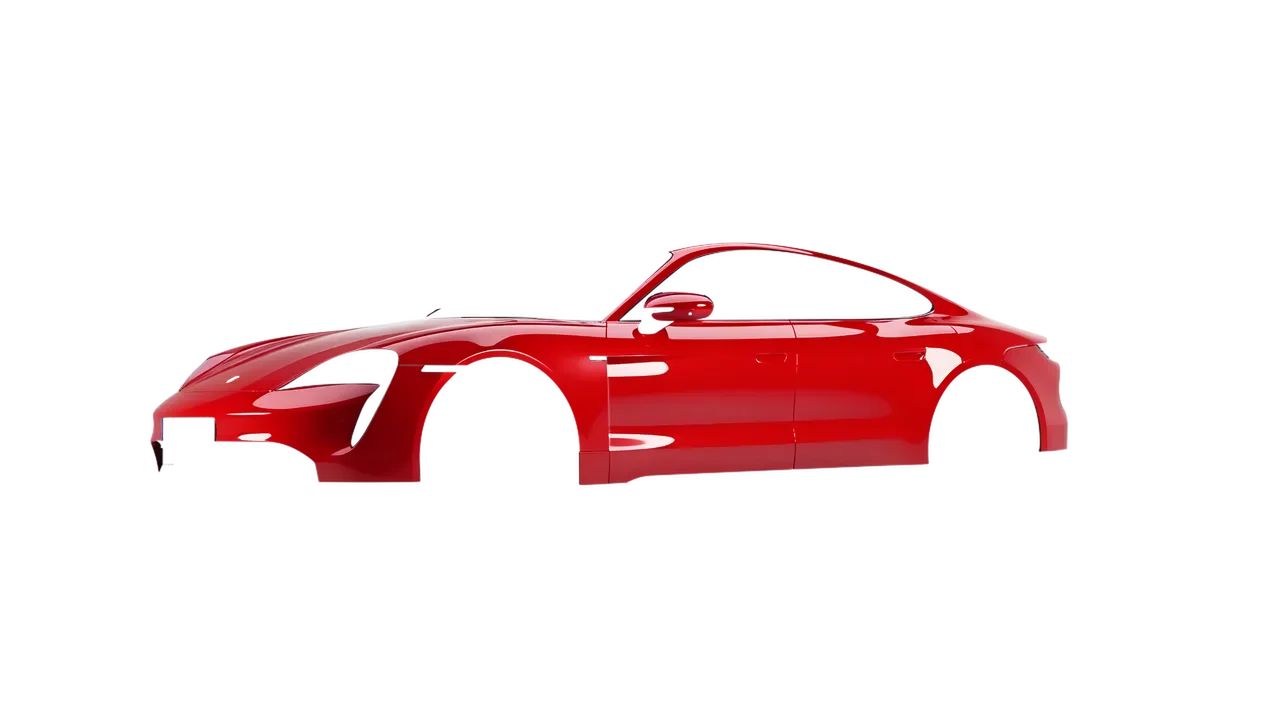 Porsche Taycan 2020 wrapped in Hot Rod Red (3M G13), front three-quarter view