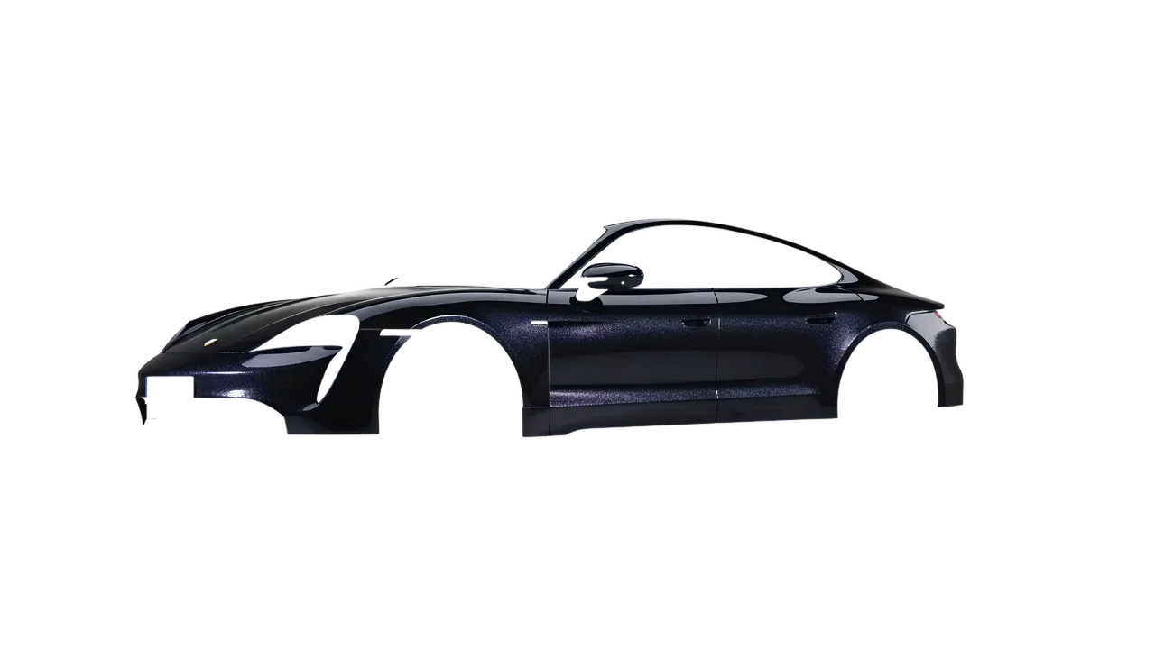 Porsche Taycan 2020 wrapped in Mystery Black (Avery Dennison SW900-184-M), front three-quarter view