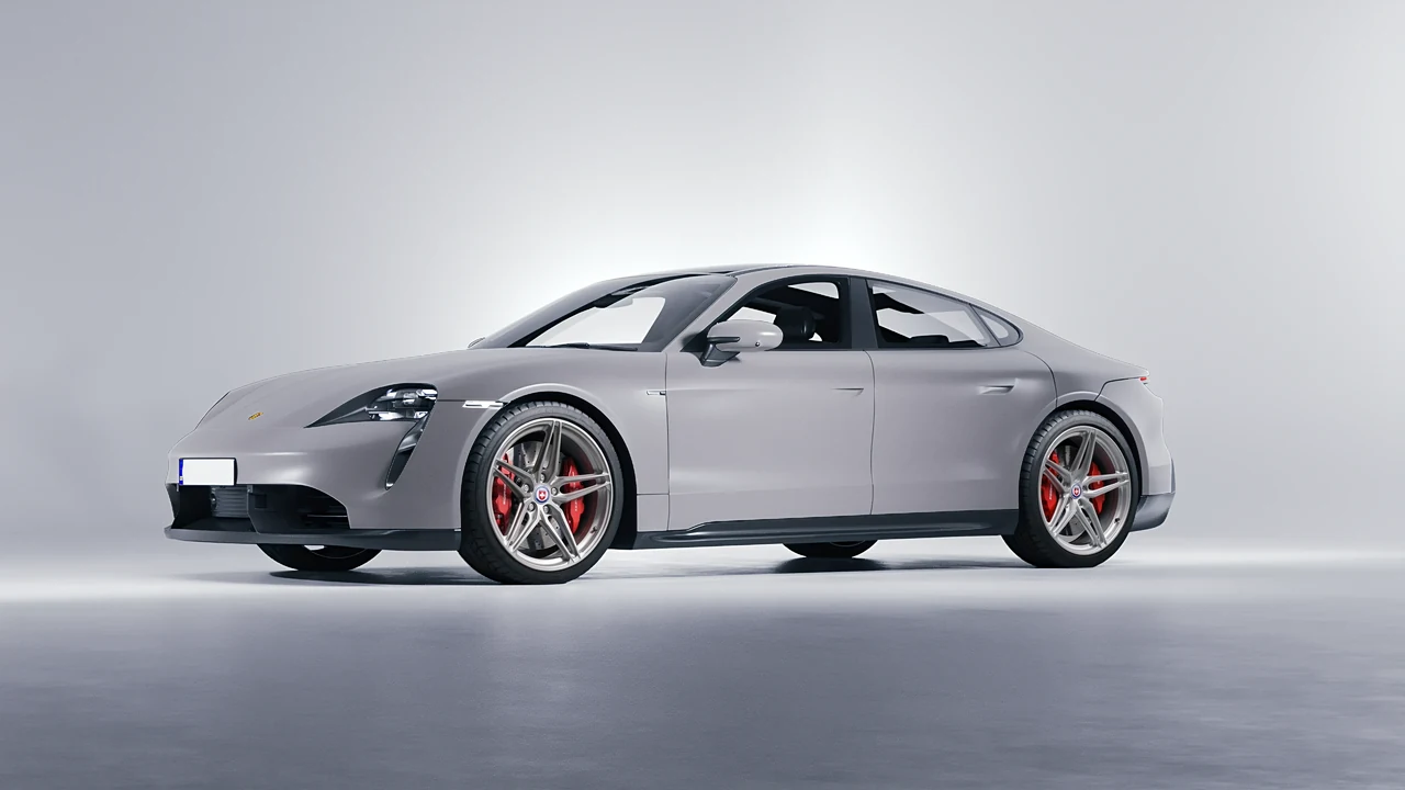 Porsche Taycan 2020 on HRE Performance Wheels P107SC forged wheels, front three-quarter view