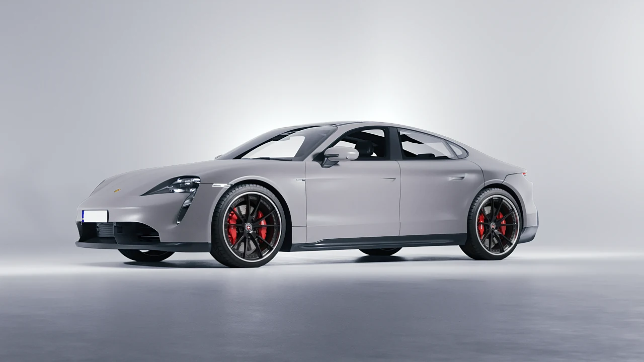 Porsche Taycan 2020 on HRE Performance Wheels S104 forged wheels, front three-quarter view