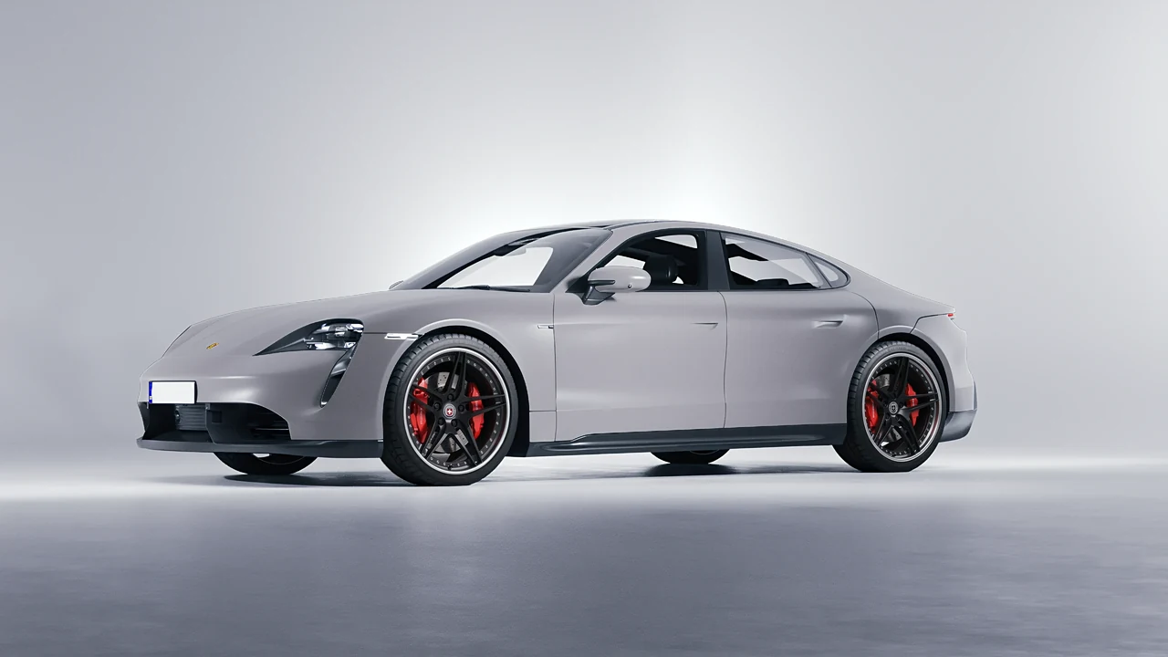 Porsche Taycan 2020 on HRE Performance Wheels S107 forged wheels, front three-quarter view