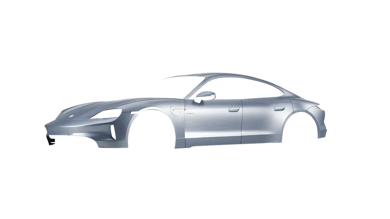 Porsche Taycan 2024 wrapped in Brushed Aluminum (Avery Dennison SW900-812-X), front three-quarter view