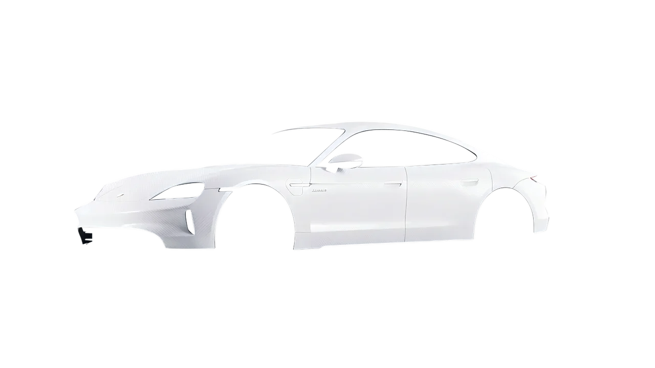 Porsche Taycan 2024 wrapped in Carbon Fiber White (Avery Dennison SW900-115-X), front three-quarter view